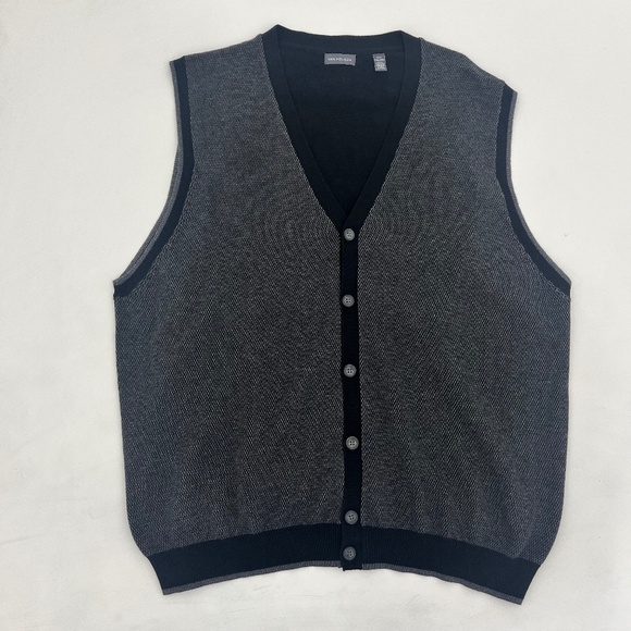 Van Heusen Mens 2XL Sweater Vest Black Gray Knit Button Front V-Neck Outdoor - Picture 1 of 7